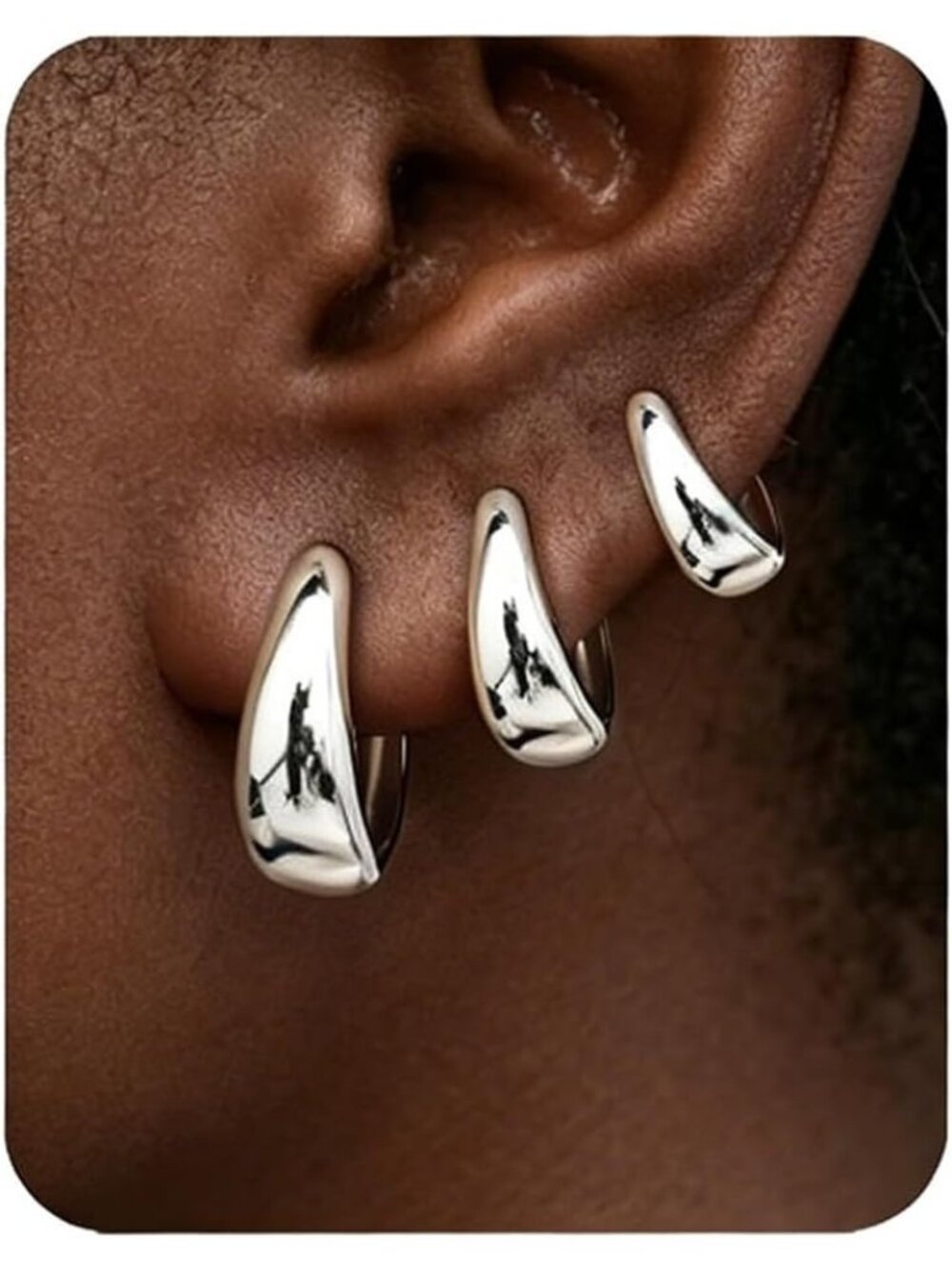 Women's Silver Plated 3 Pairs Chunky Huggie Hoop Earrings Set Tear Drop